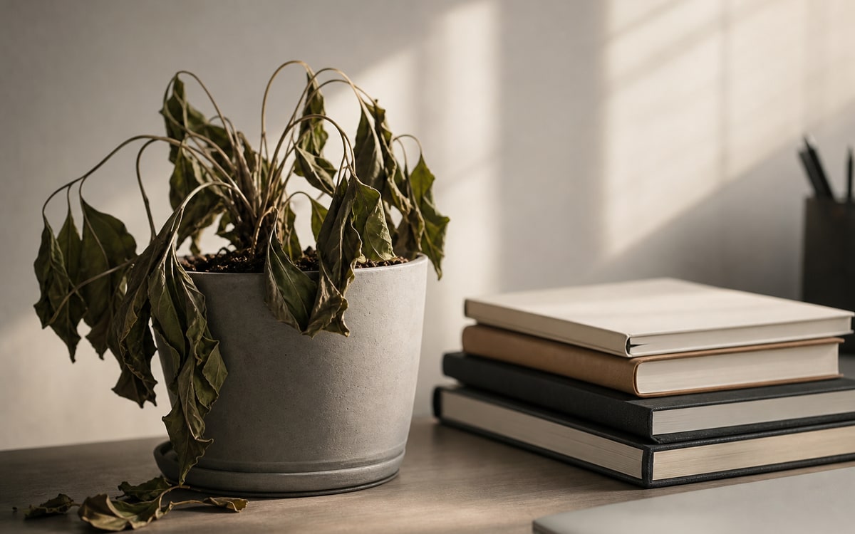 Wilted desk plant beside a stack of closed notebooks in soft afternoon light