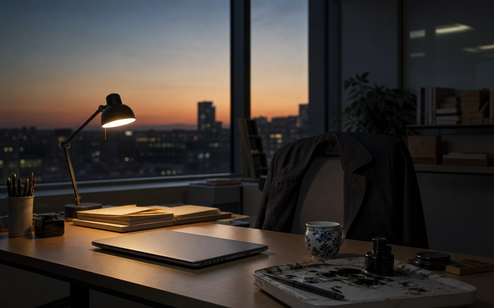 Empty office desk at dusk with a soft lamp and closed laptop