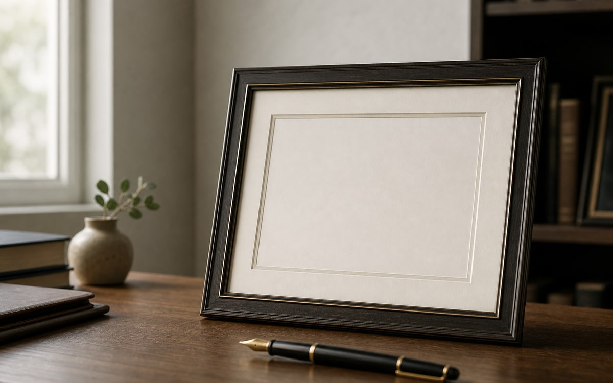 Blank certificate frame and fountain pen on a quiet desk
