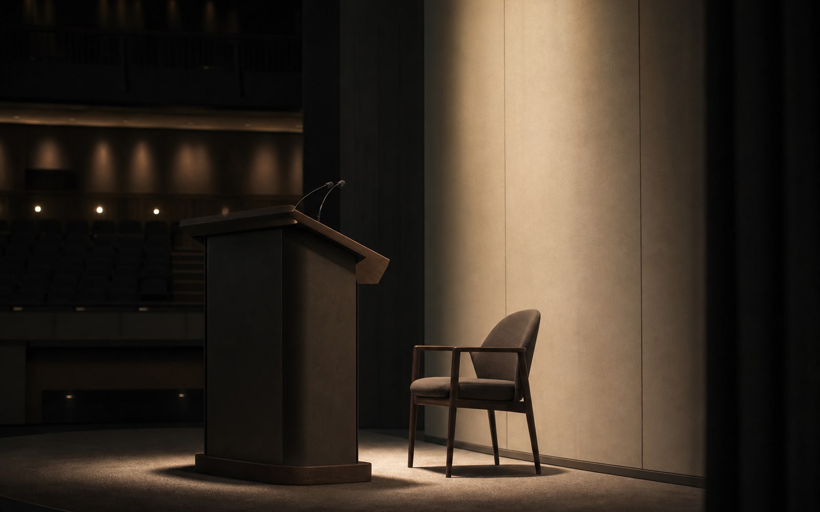 Quiet empty stage corner with soft spotlight and a lone chair