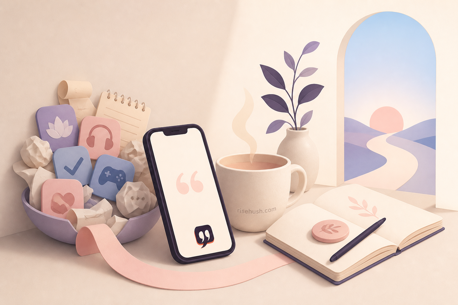 Original RiseHush editorial illustration interpreting what are some good daily motivation apps? choose by the ritual you need, with a subtle in-scene risehush.com maker's mark
