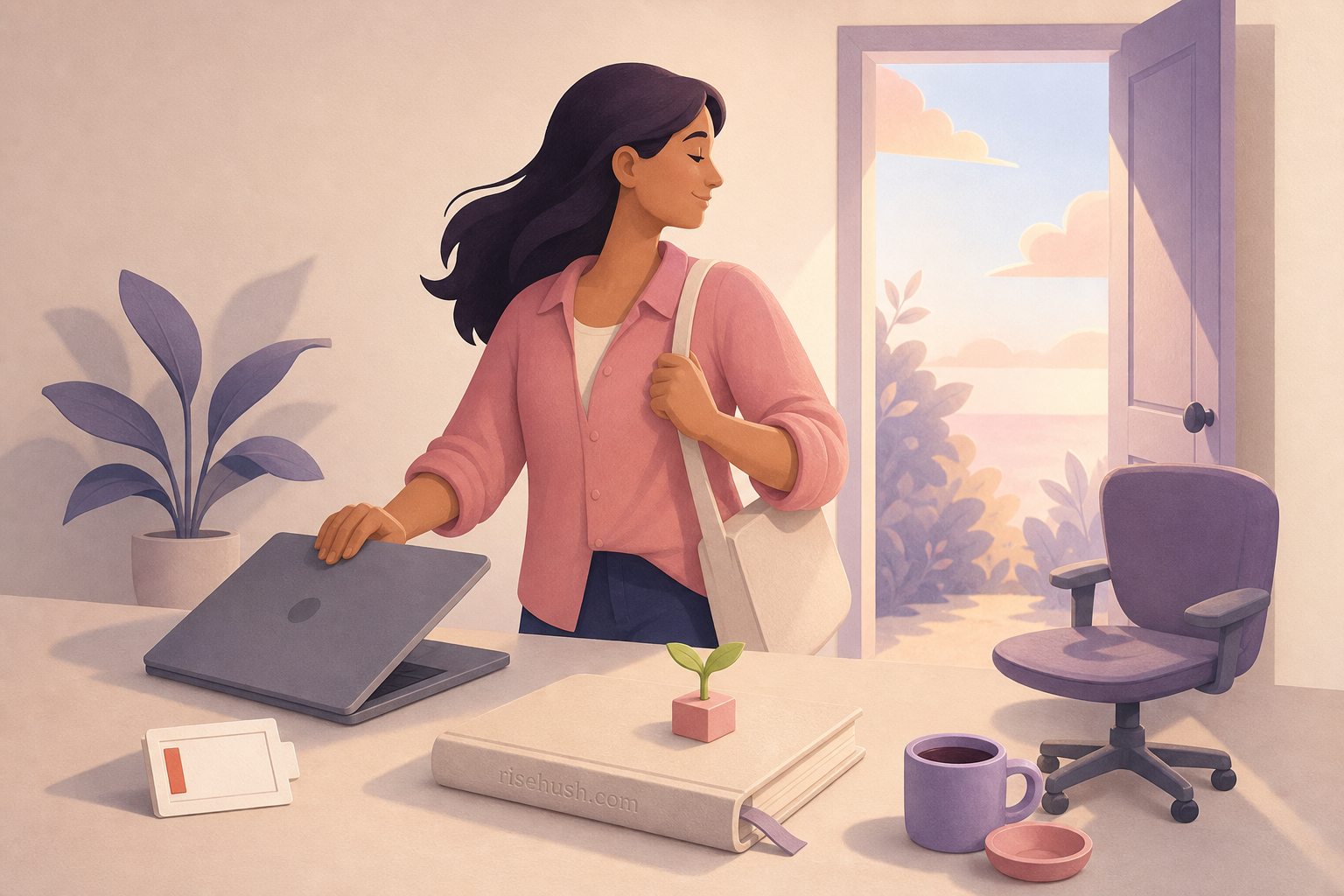 Original RiseHush editorial illustration interpreting burnout according to the research: exhaustion, cynicism, and what recovery actually requires, with a subtle in-scene risehush.com maker's mark