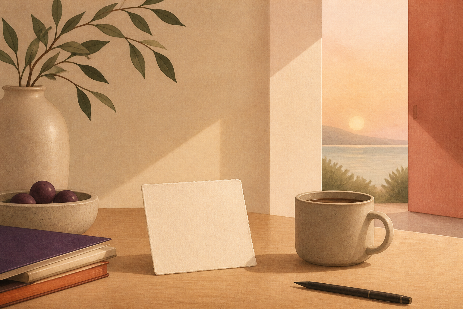 Original RiseHush editorial illustration interpreting how to choose a daily quote app you will actually use: one quiet cue beside an open day, with a subtle in-scene risehush.com maker's mark