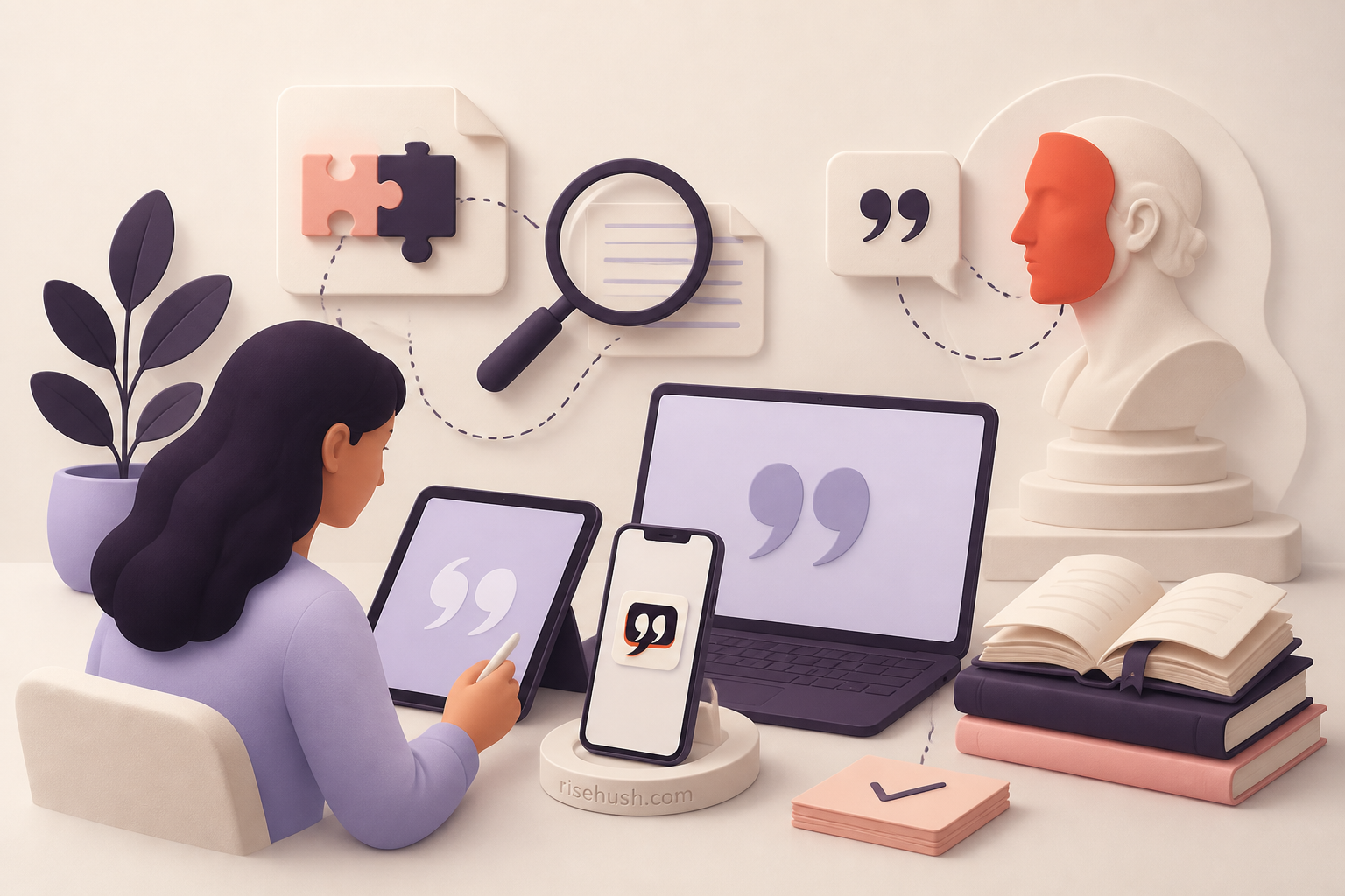 Original RiseHush editorial illustration interpreting why quote attribution drifts — and how to check it, with a subtle in-scene risehush.com maker's mark