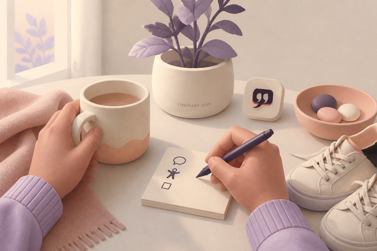 Original RiseHush editorial illustration interpreting morning motivation for difficult days should make less space, with a subtle in-scene risehush.com maker's mark