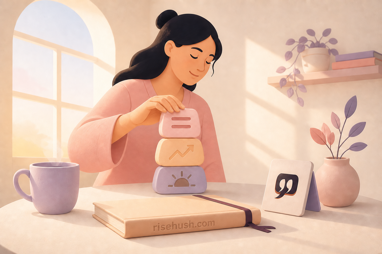Original RiseHush editorial illustration interpreting the morning motivation ritual, built from evidence instead of willpower, with a subtle in-scene risehush.com maker's mark