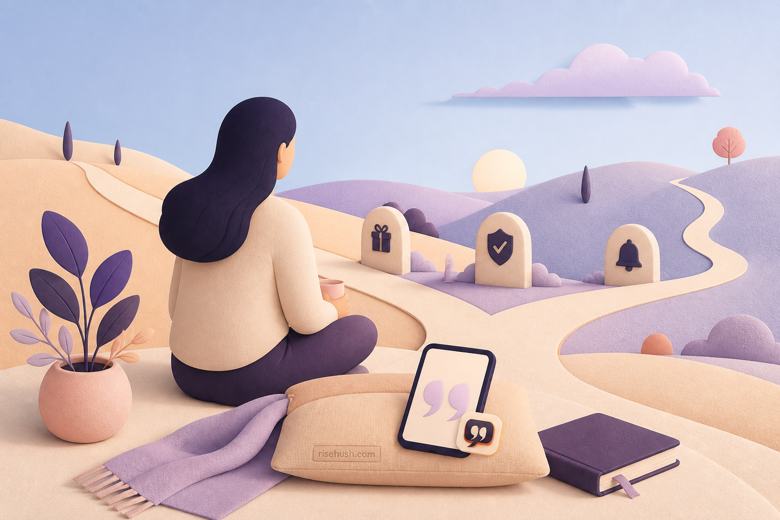 Original RiseHush editorial illustration interpreting is the motivation app free? how to compare a free tier with real value, with a subtle in-scene risehush.com maker's mark