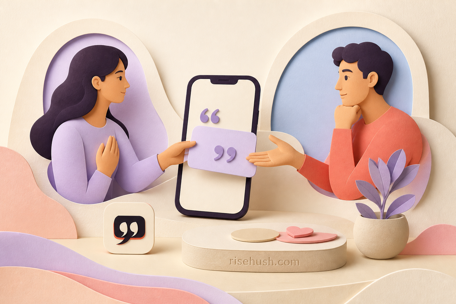 Original RiseHush editorial illustration interpreting motivation apps and imessage: when sharing a quote helps a relationship, with a subtle in-scene risehush.com maker's mark