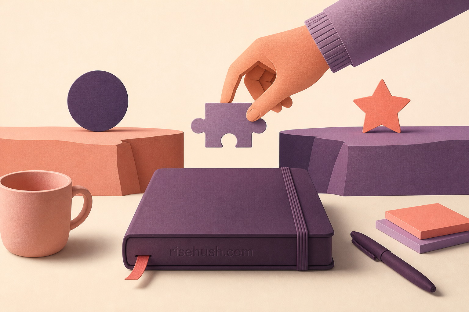 Editorial illustration of a hand placing a puzzle piece between abstract symbols above a notebook, cup, and pen — risehush.com