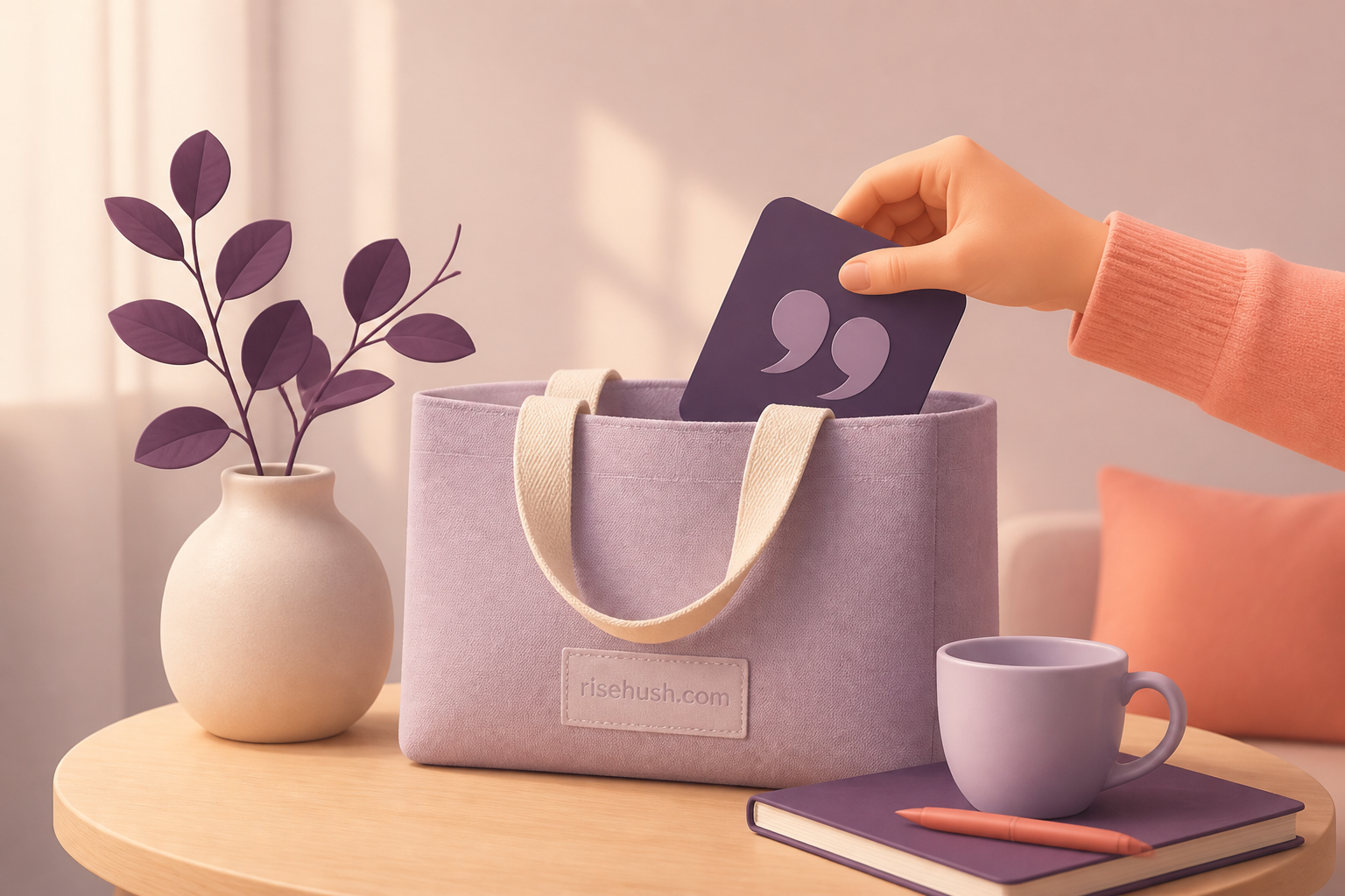 Editorial dawn still life with a smartphone, smartwatch, notebook, and warm light representing a quiet daily motivation ritual — risehush.com