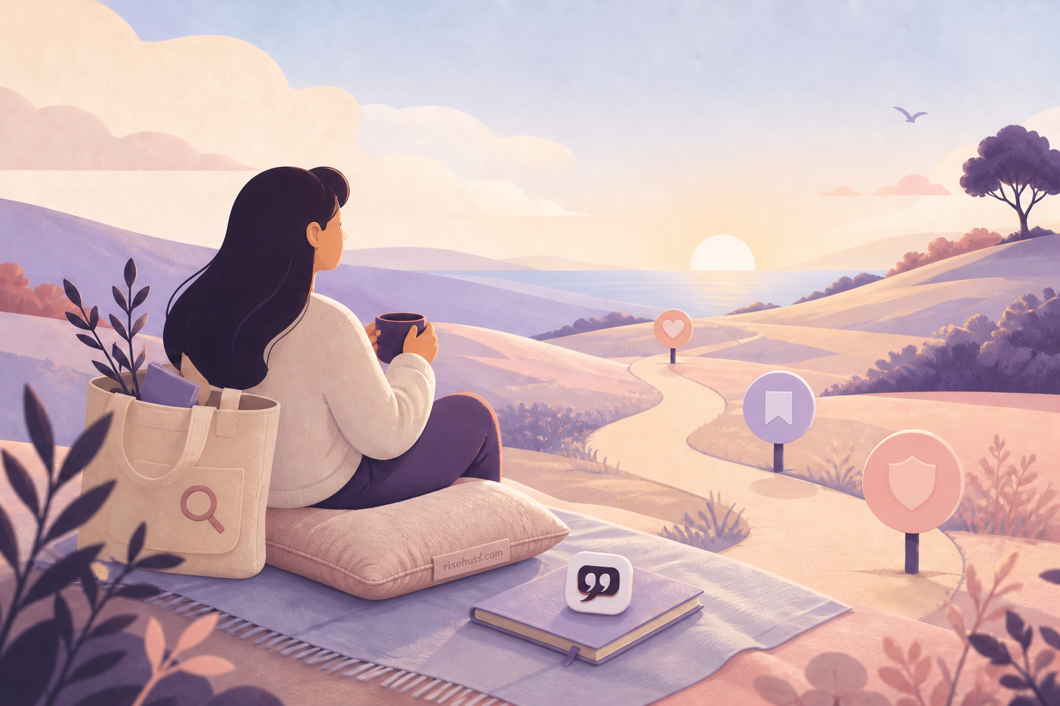 Original RiseHush editorial illustration interpreting motivational quotes app download: choose the right first five minutes, with a subtle in-scene risehush.com maker's mark