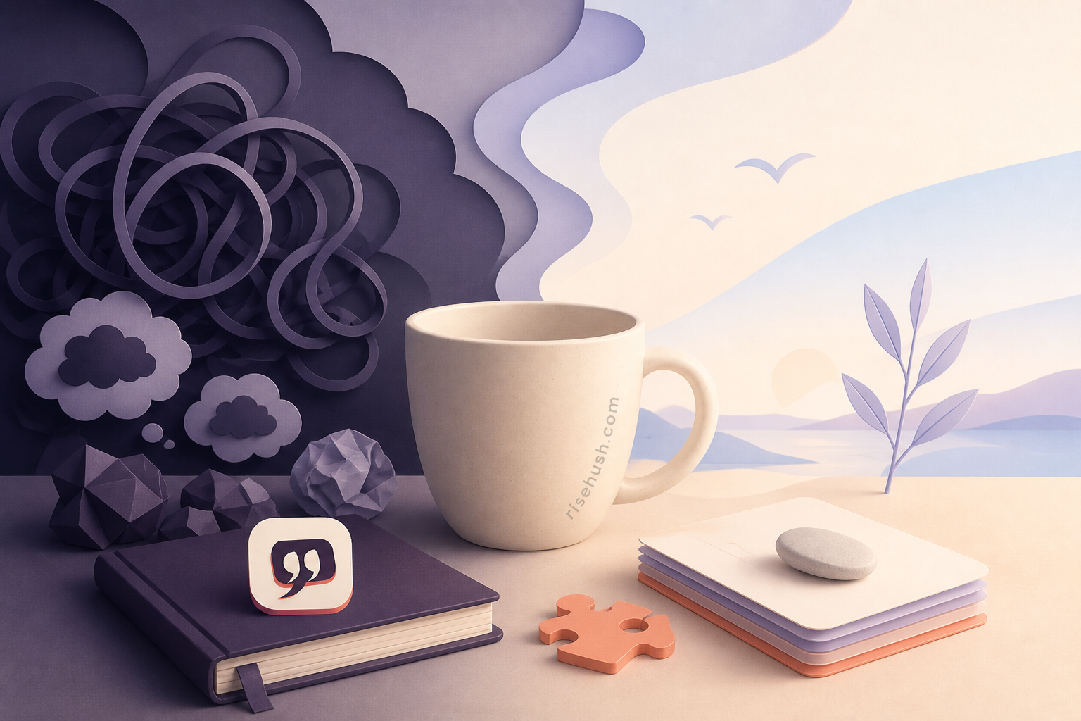 Original RiseHush editorial illustration interpreting how to quiet negative thinking, according to the science of rumination, with a subtle in-scene risehush.com maker's mark