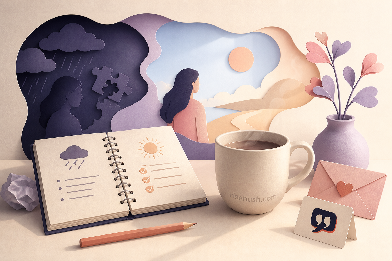 Original RiseHush editorial illustration interpreting the science of gratitude, with a subtle in-scene risehush.com maker's mark