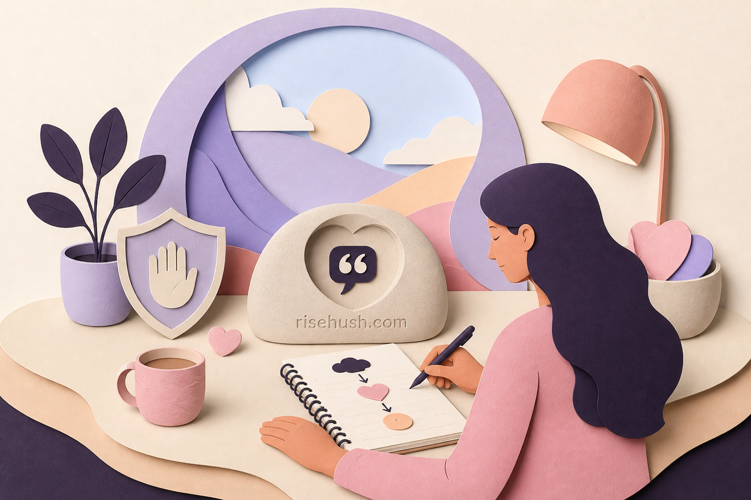 Original RiseHush editorial illustration interpreting self-love quotes for self-compassion, boundaries, and real life, with a subtle in-scene risehush.com maker's mark