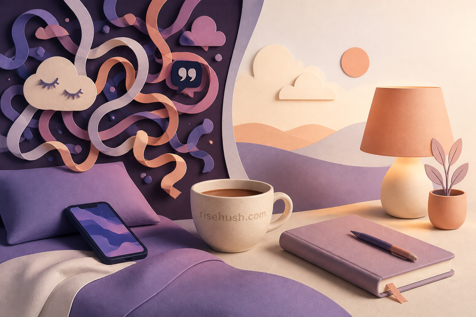 Original RiseHush editorial illustration interpreting can't sleep because of a racing mind? the science of nighttime overthinking — and how to quiet it, with a subtle in-scene risehush.com maker's mark