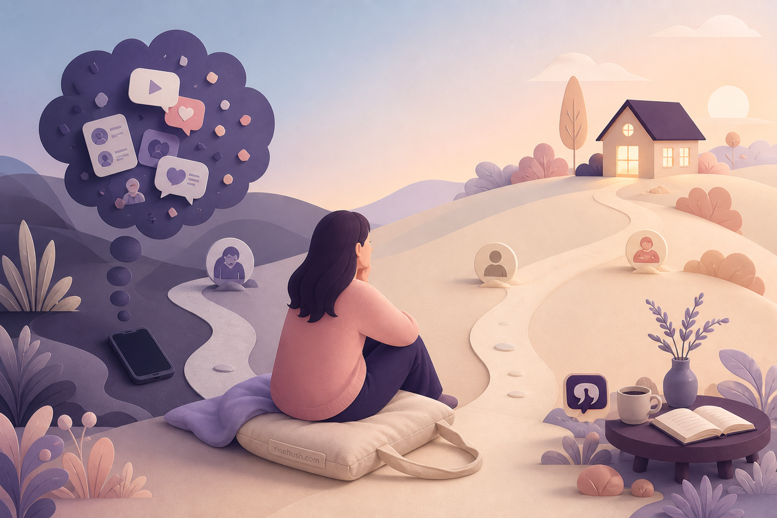 Original RiseHush editorial illustration interpreting solitude vs screens: loneliness, doomscrolling, and the science of a quieter evening, with a subtle in-scene risehush.com maker's mark