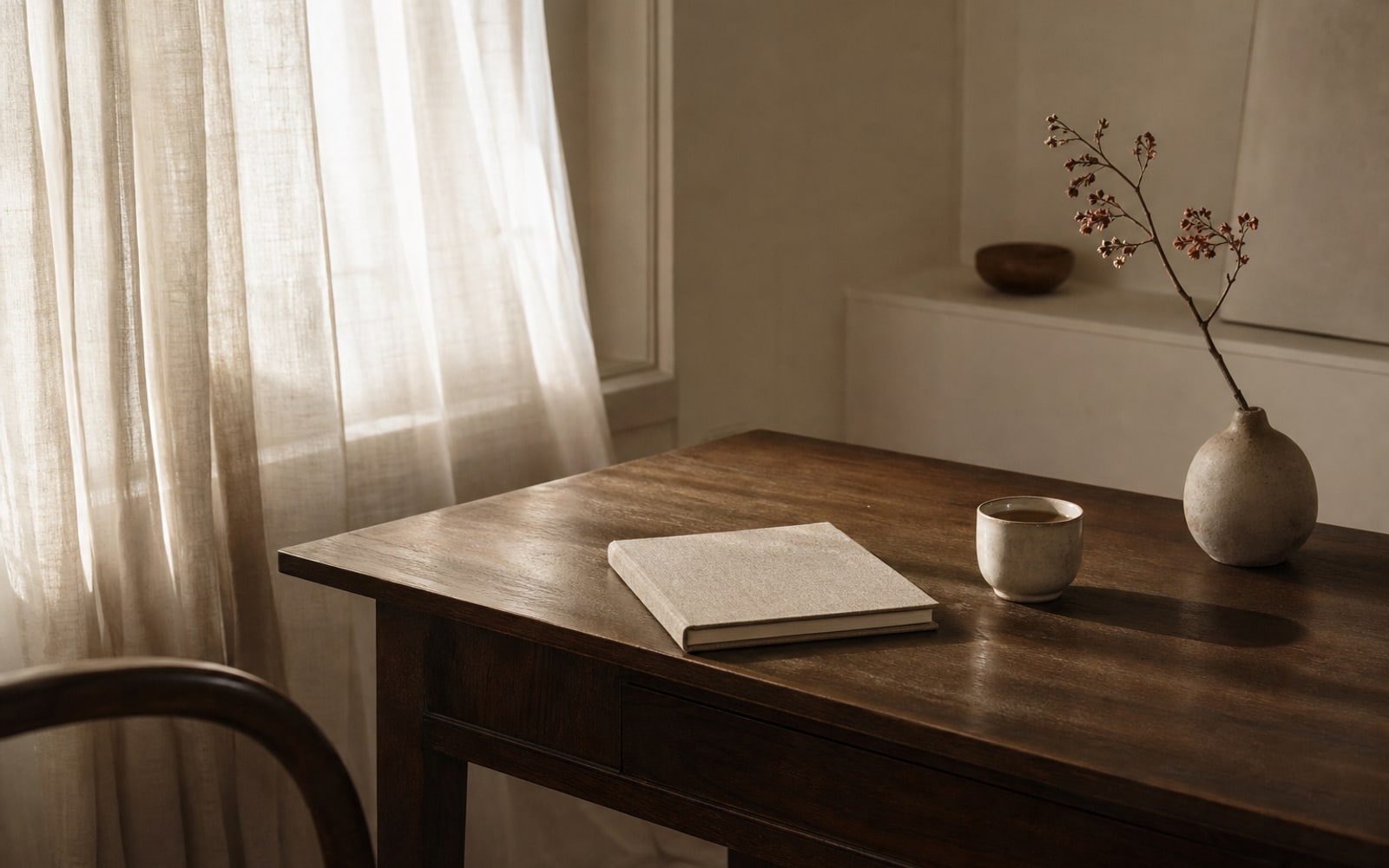 Soft morning light through sheer curtains on a quiet desk with a linen notebook and tea