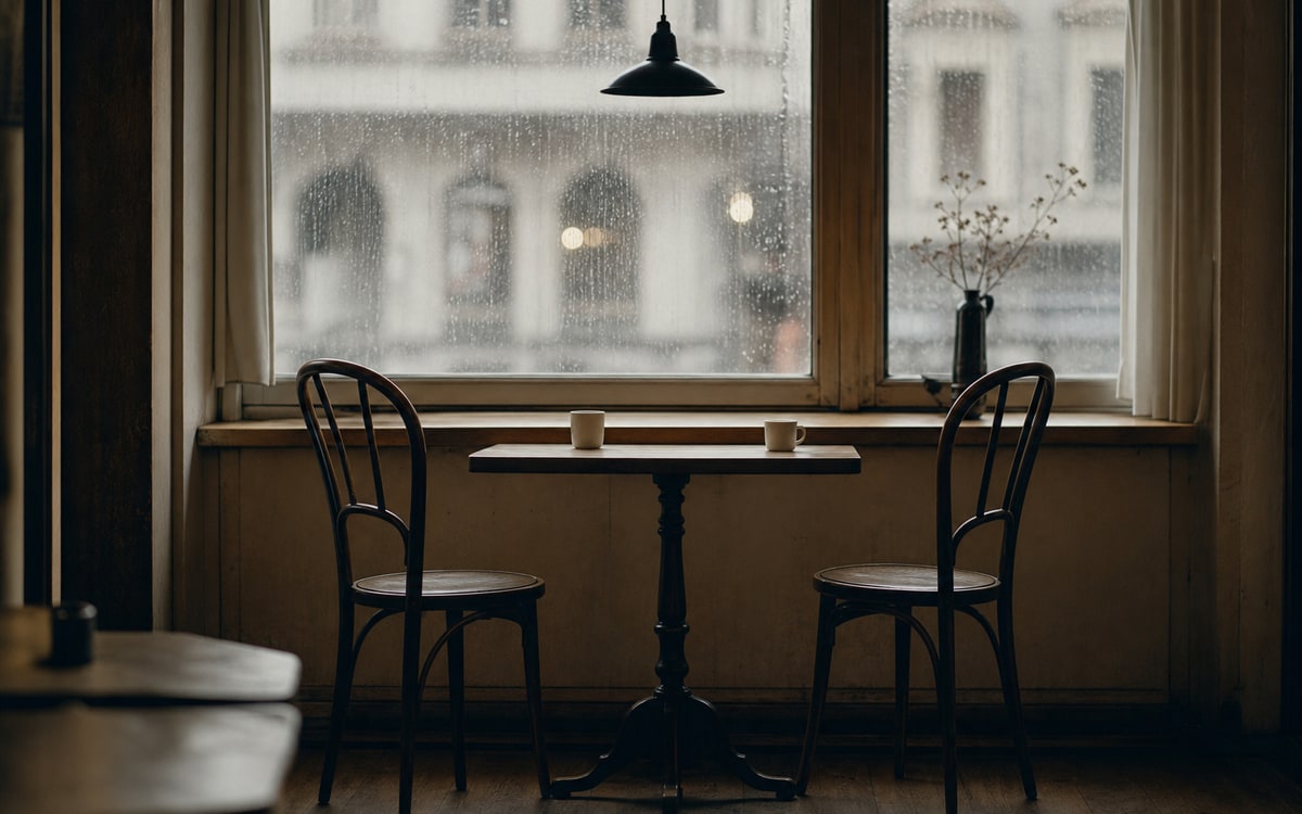 Two empty chairs by a rain-lit window in a quiet cafe