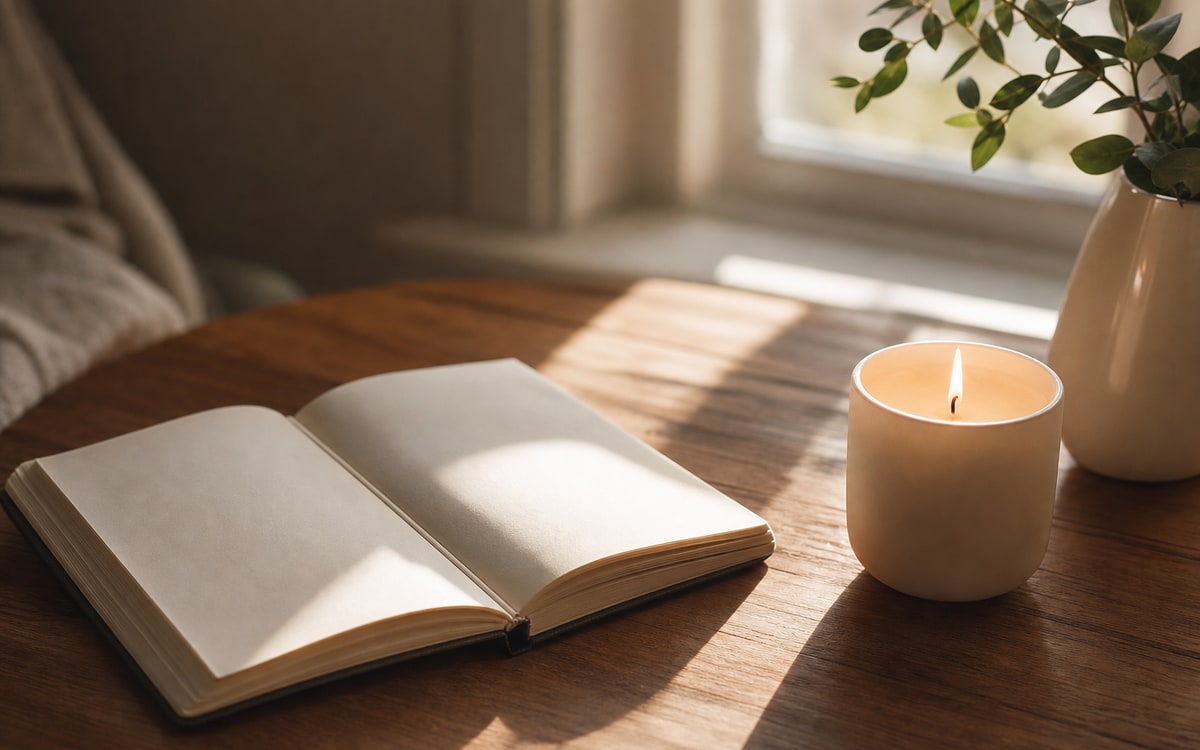 Open notebook and a single candle on a wooden table in soft morning light