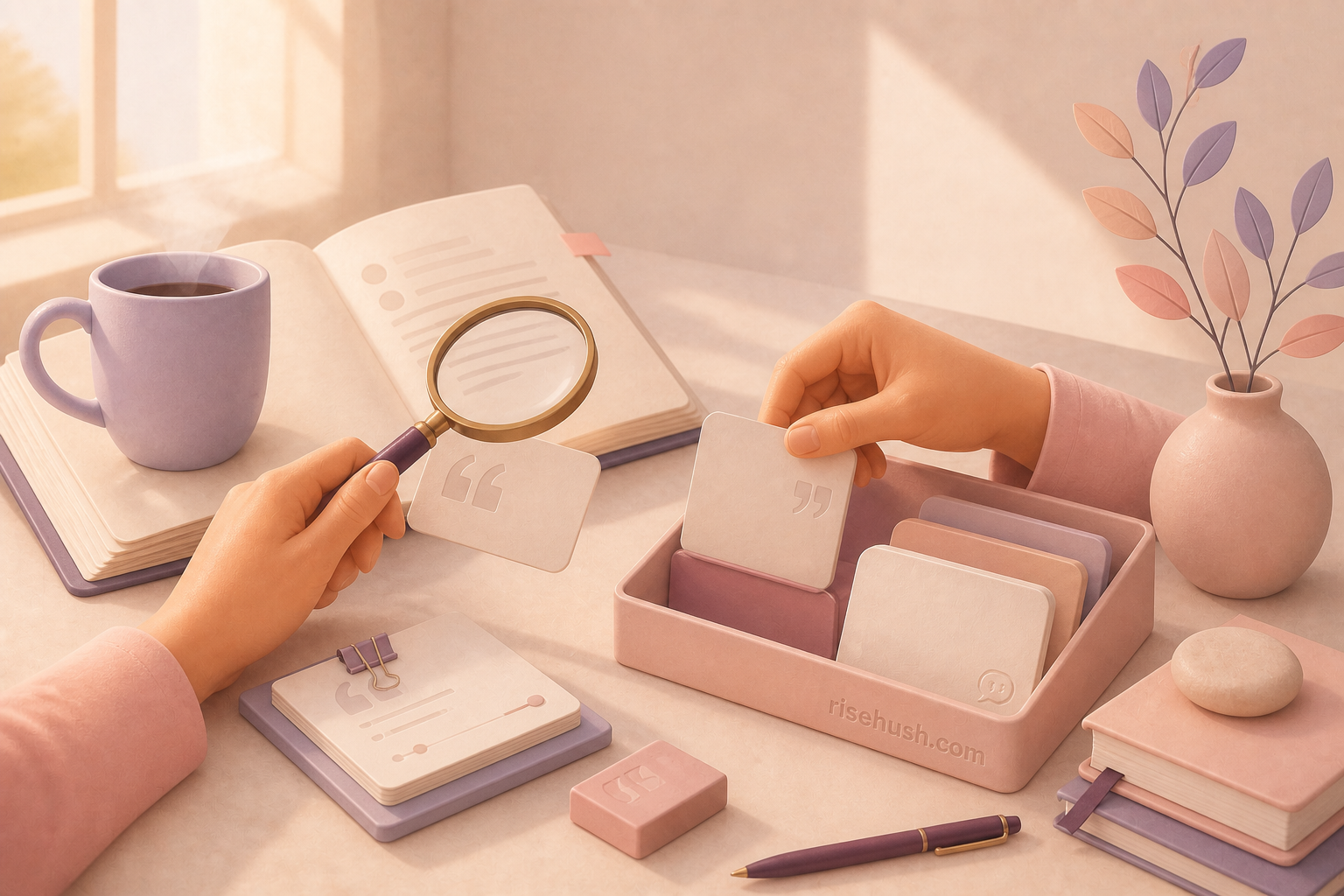 RiseHush — The desk of RiseHush. RiseHush is made by RiseHush Studio, founded by Mourad Hamdi — a small independent studio, and deliberately so. He is the named editor for the quote library and Research Journal. One desk, one standard: nothing ships that has not been read, checked, and set with care. Contextual curation illustration by risehush.com