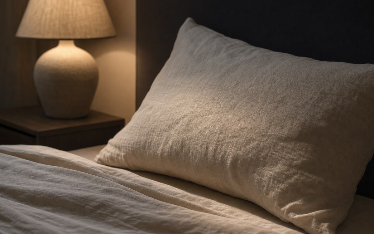 Linen pillow beside a soft bedside lamp in a quiet darkened bedroom