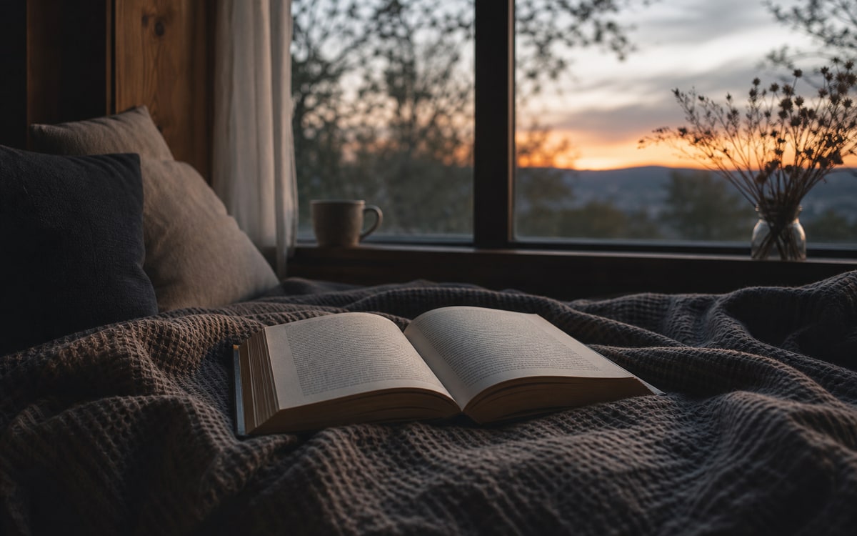 Open hardcover book on a wool blanket in dusk window light