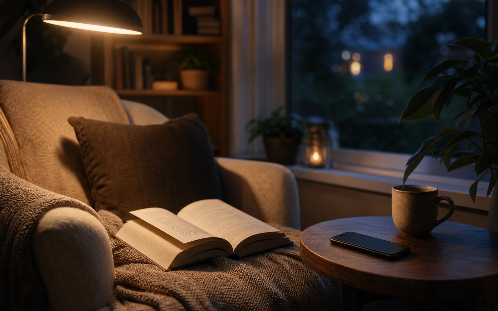 Reading nook with an open book, warm lamp, and a phone set aside