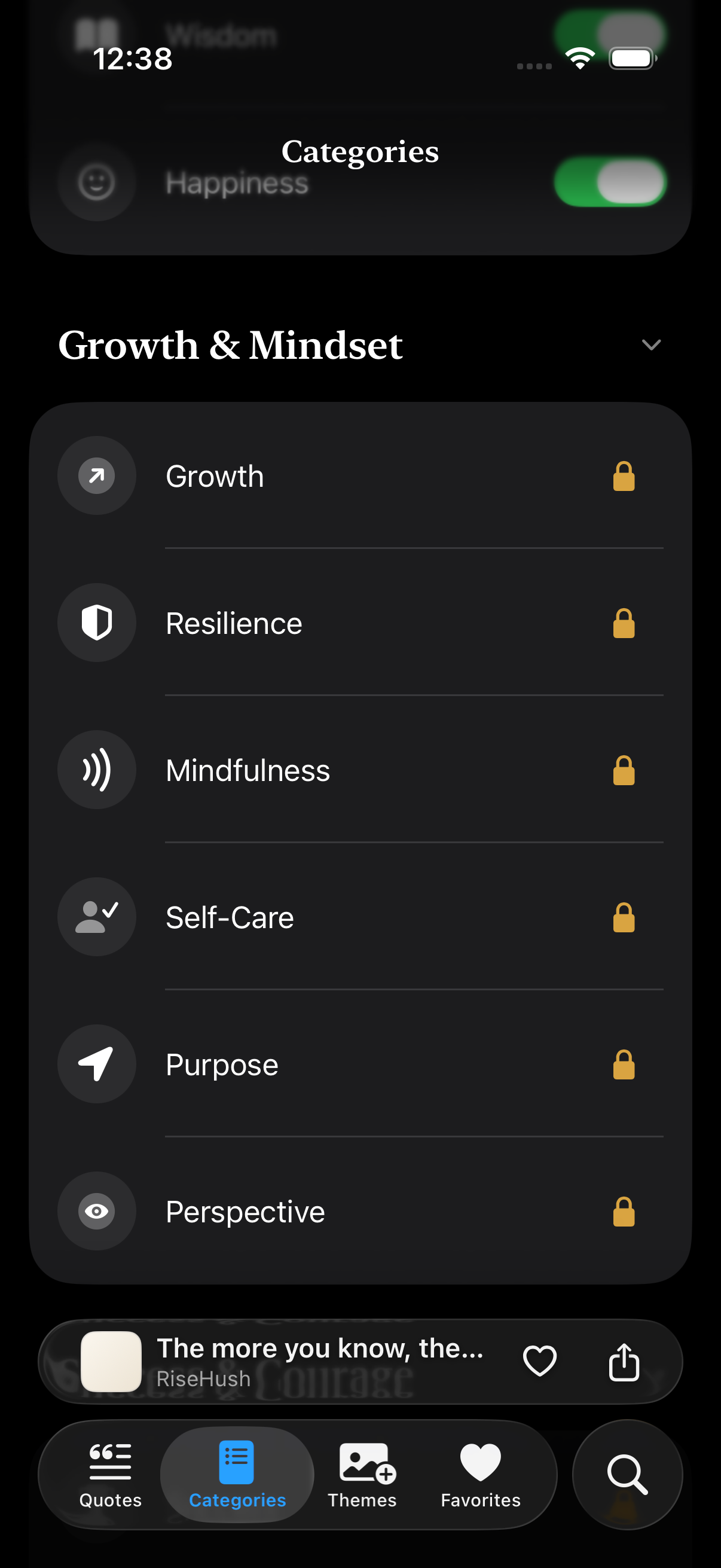 RiseHush categories in the calm of dark mode