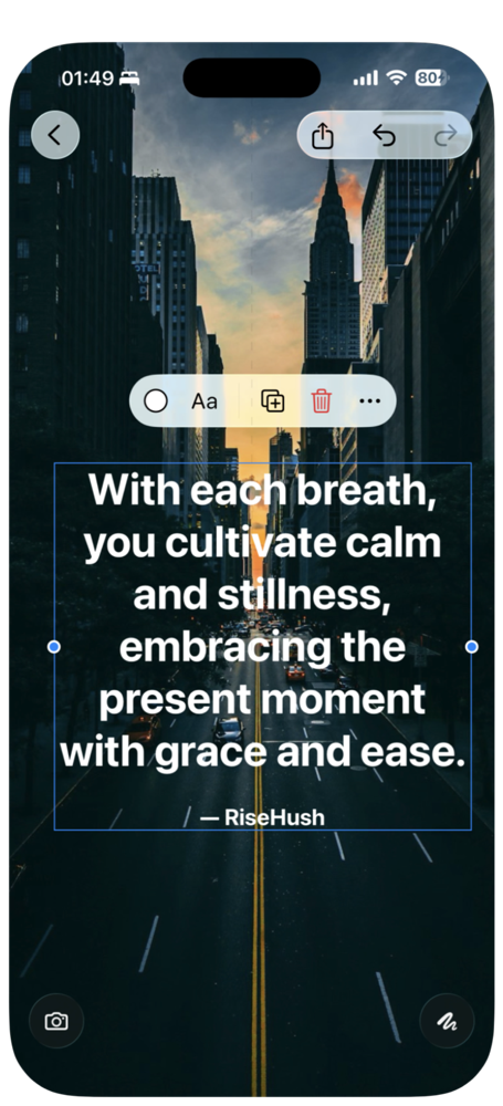 RiseHush Theme Editor selecting a quote over a sunset city-street photograph