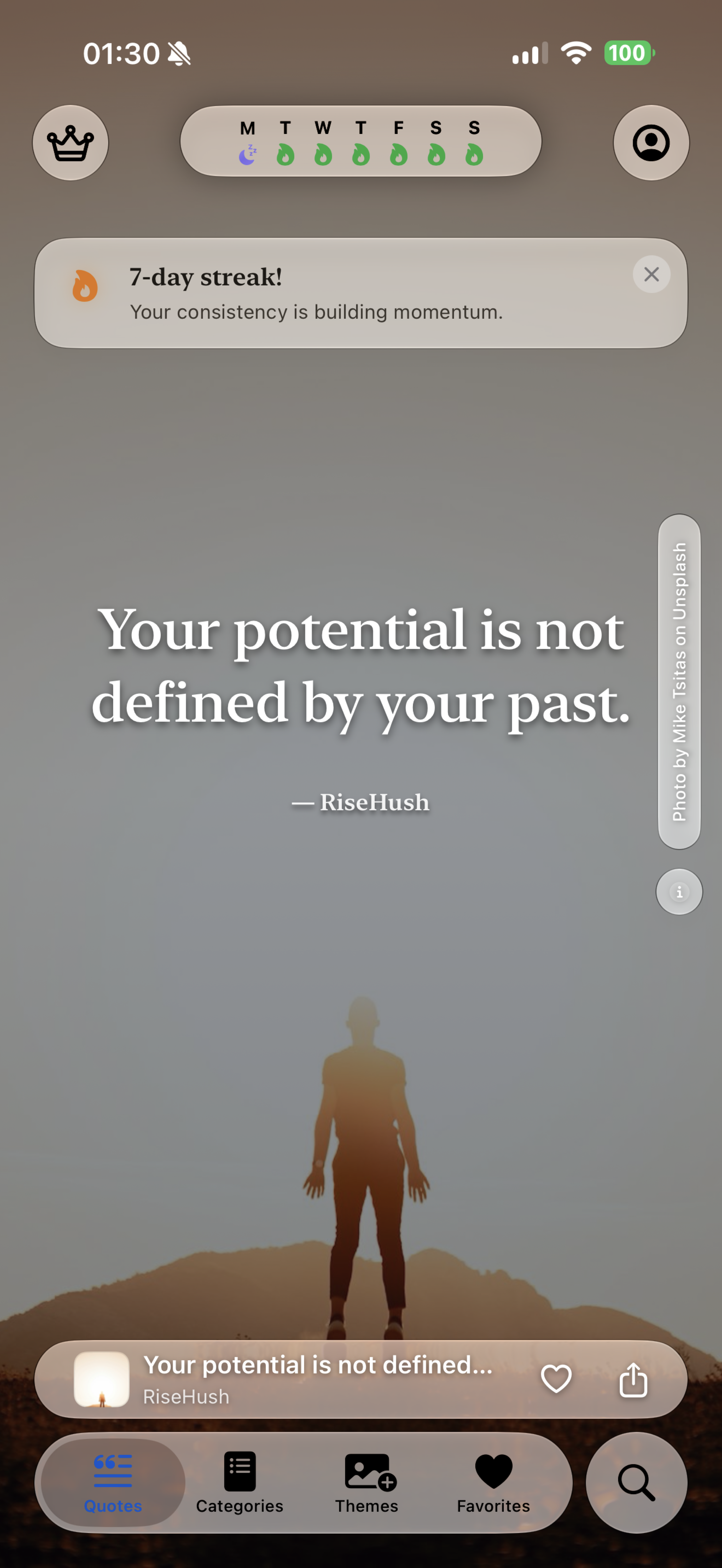 RiseHush quote feed on iPhone — a verified quote typeset over an ambient theme (1/8)