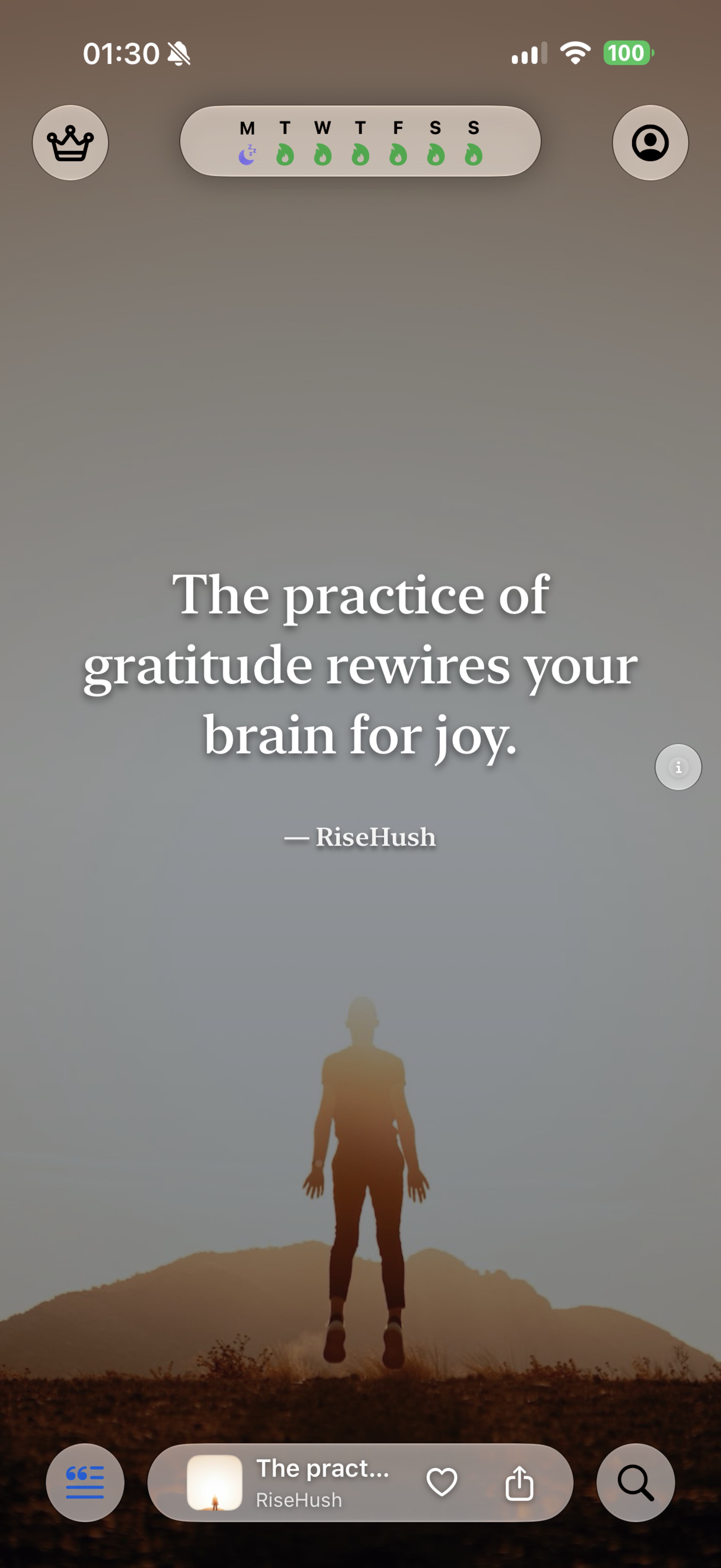 RiseHush quote feed on iPhone — a verified quote typeset over an ambient theme (5/8)