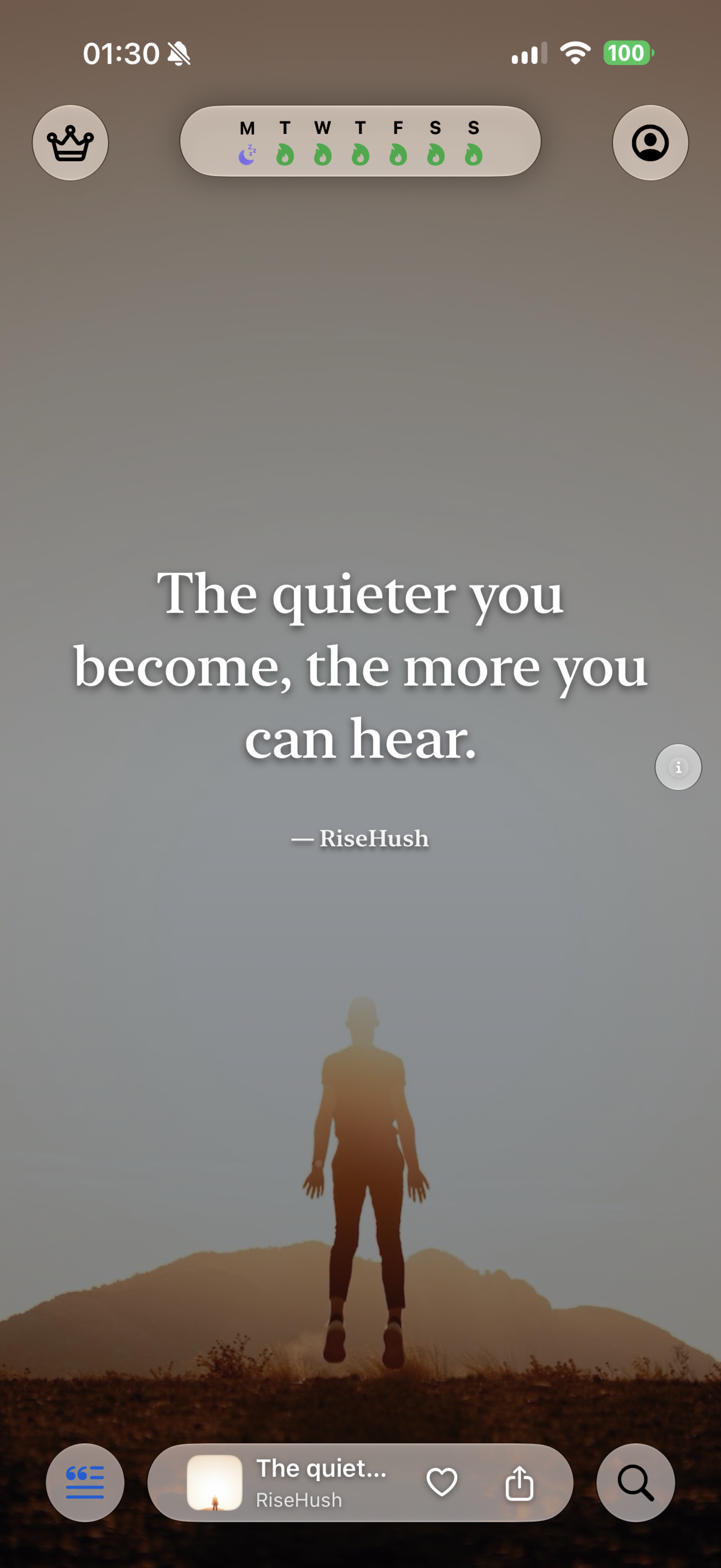 RiseHush quote feed on iPhone — a verified quote typeset over an ambient theme (7/8)