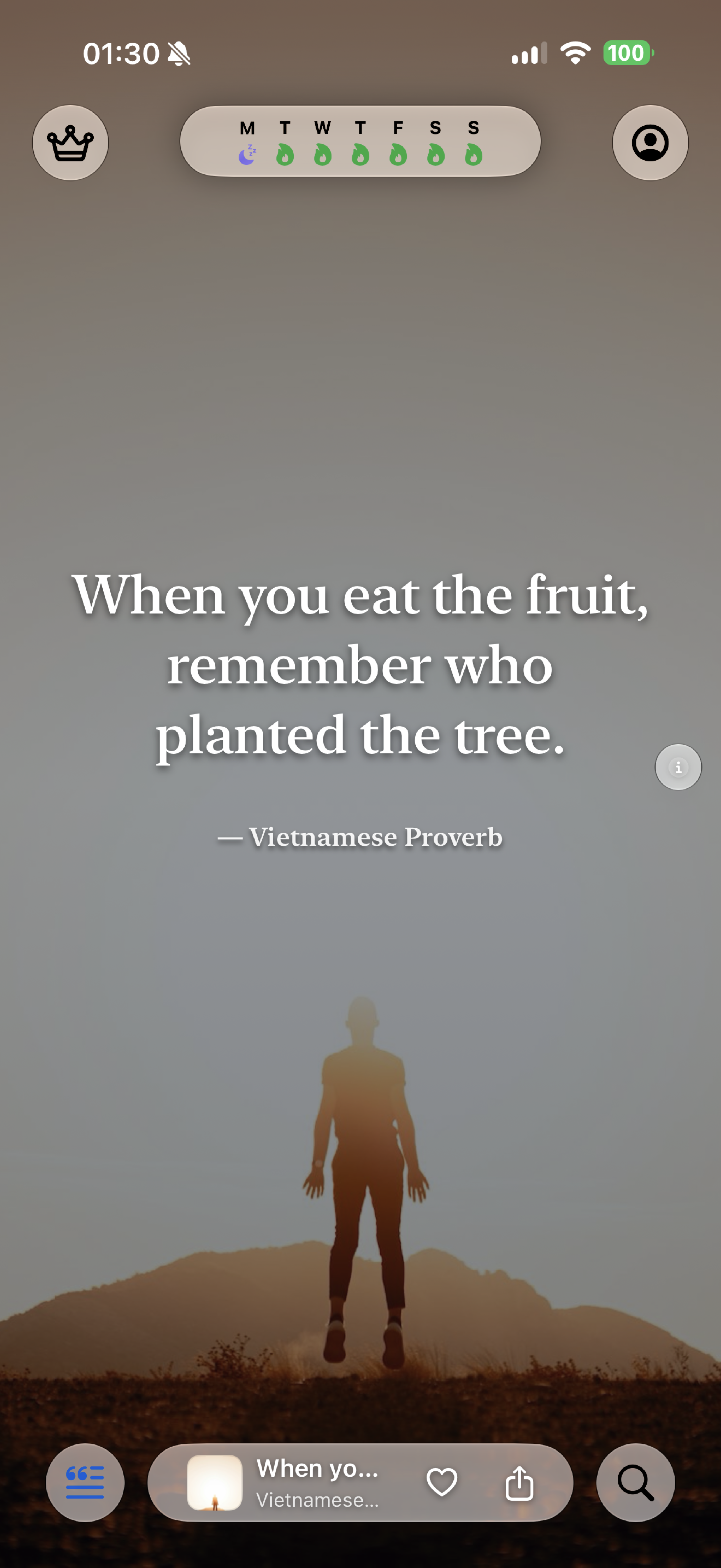 RiseHush quote feed on iPhone — a verified quote typeset over an ambient theme (8/8)