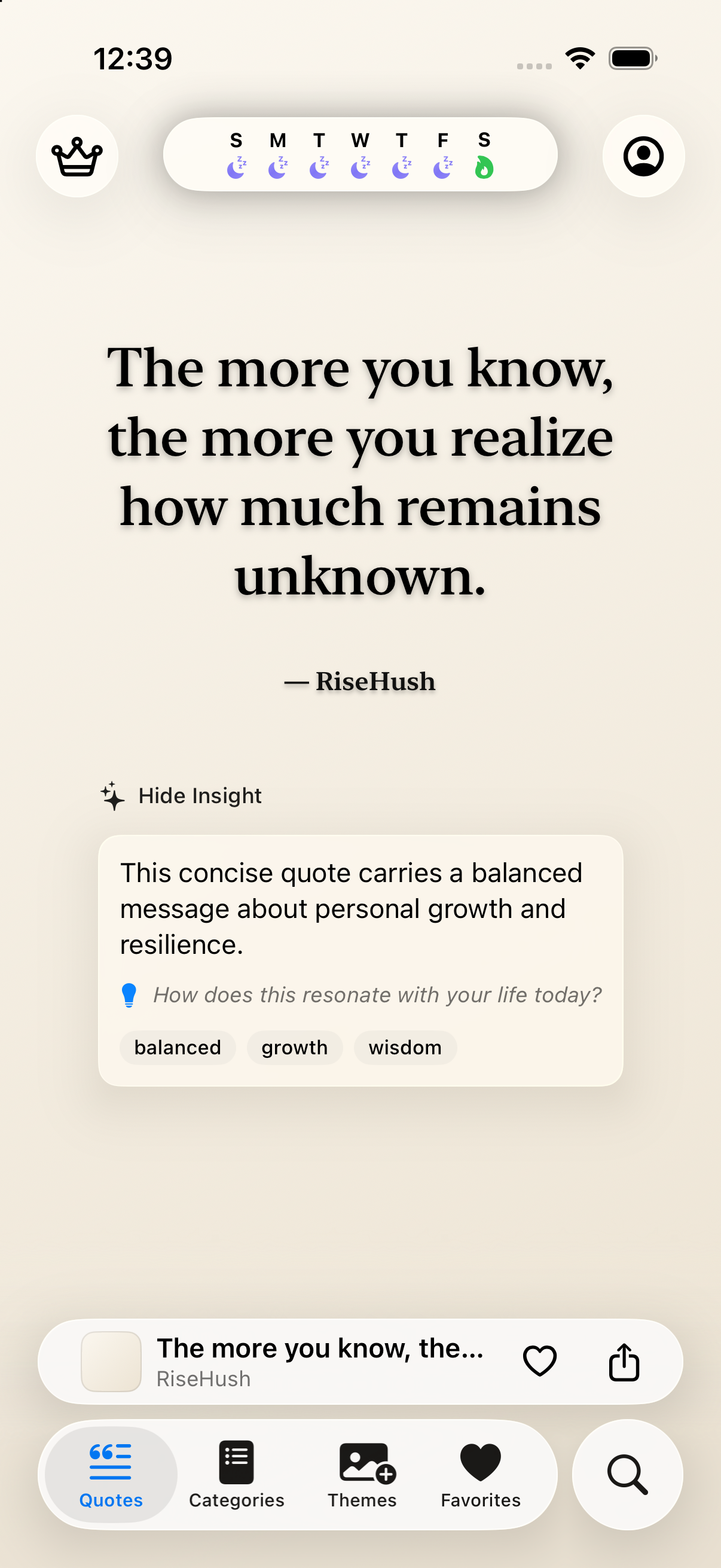 RiseHush explaining a quote with on-device Apple Intelligence