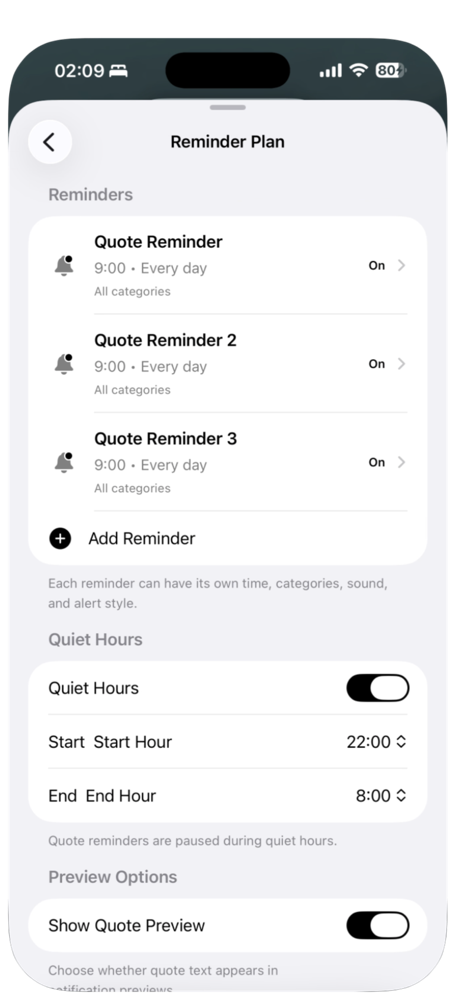 RiseHush quote reminders with quiet hours