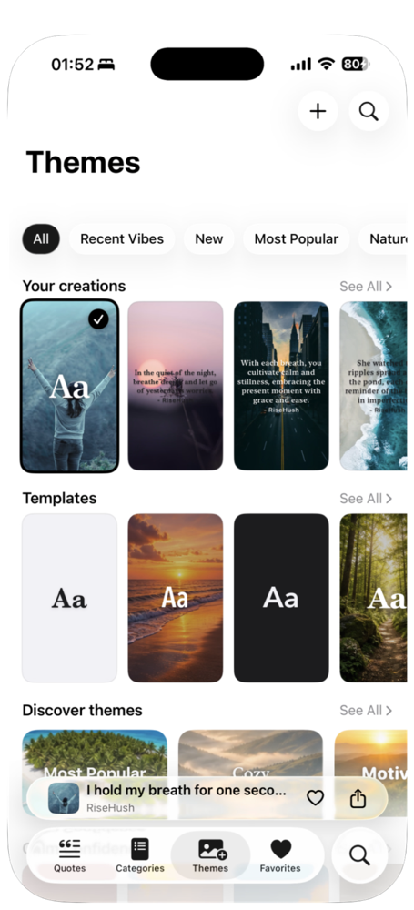 The RiseHush theme library — your creations, templates, and discovery