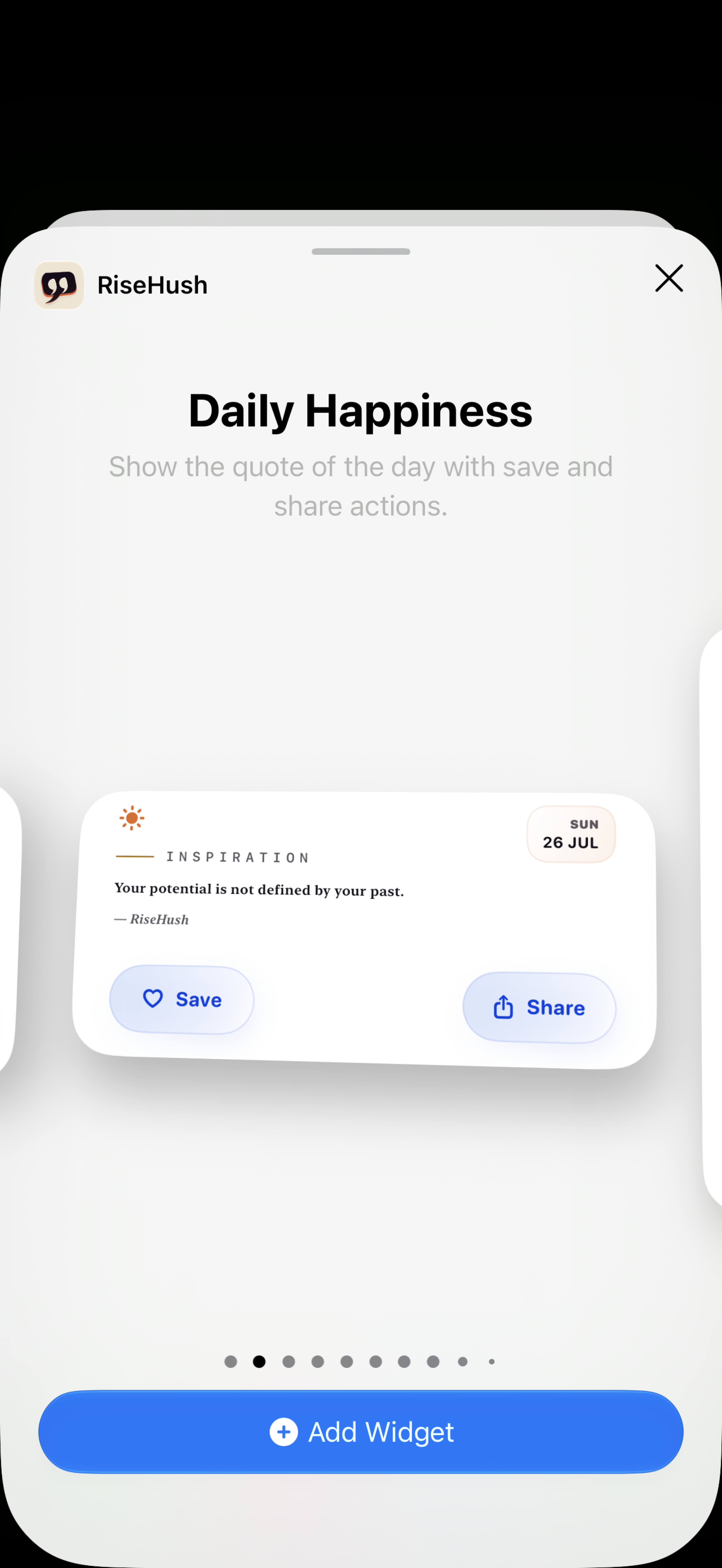 RiseHush Quote of the Day widget with save and share actions