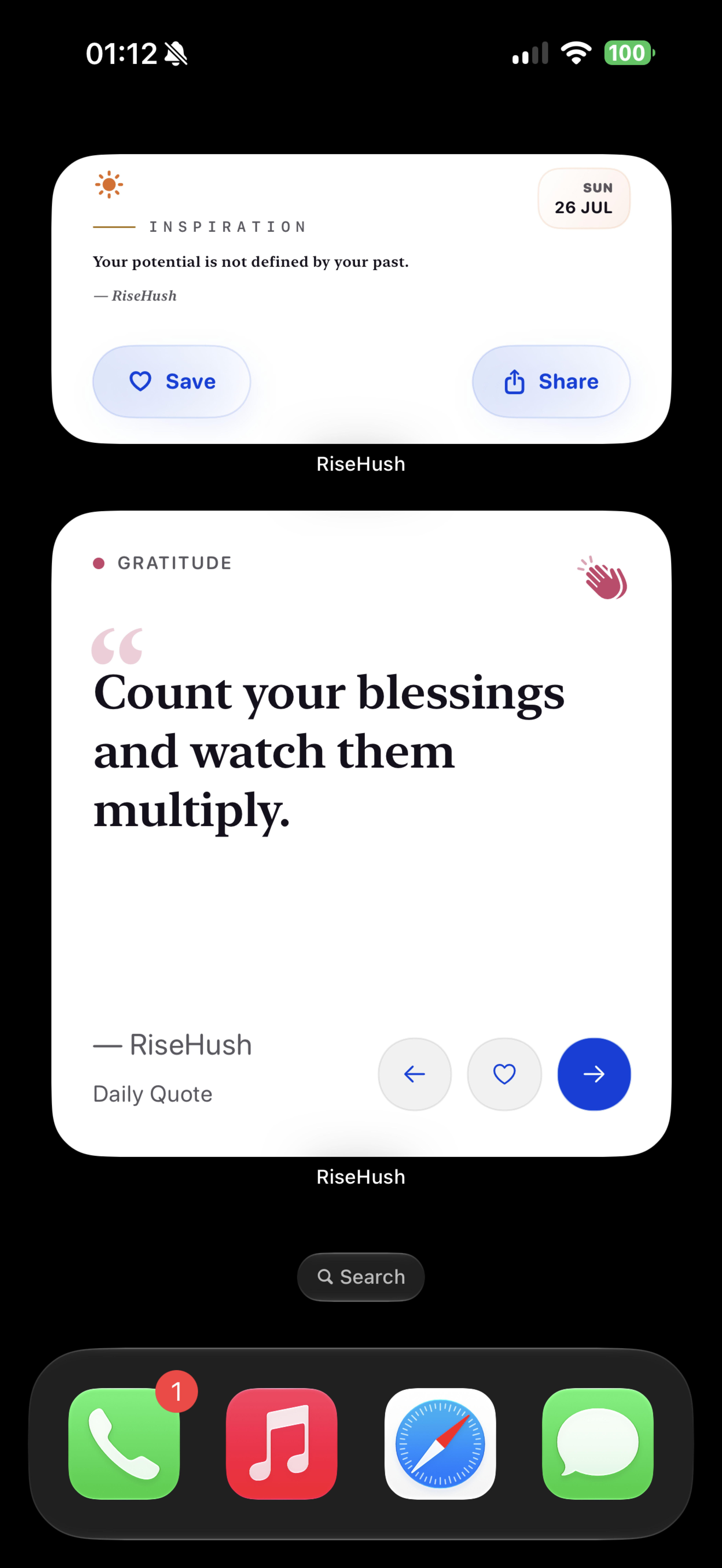 RiseHush quote and streak widgets on an iPhone Home Screen