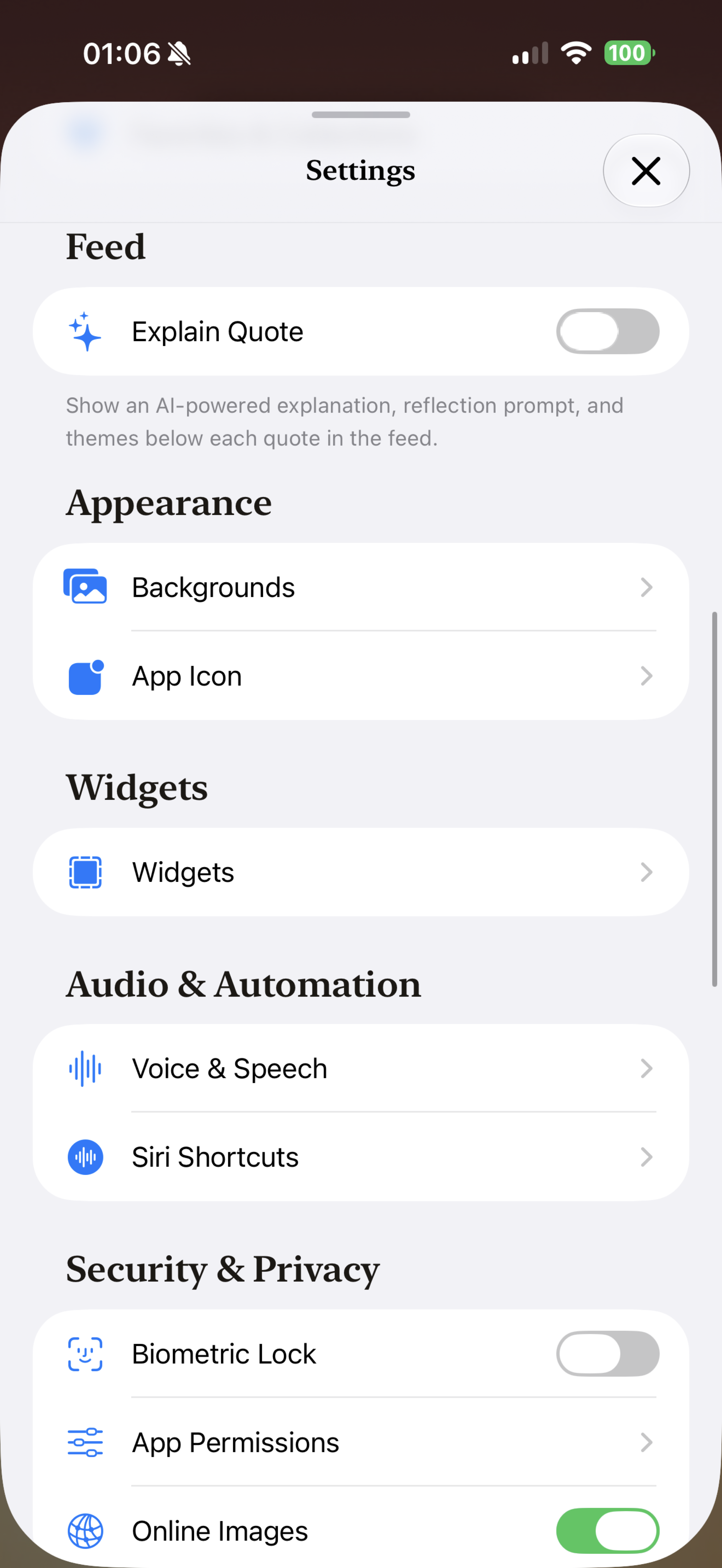 Widgets & alarms — Quote widgets for your Home Screen, Lock Screen, StandBy, Control Center, Apple Watch, Mac, and Vision Pro keep one good line always in view. A daily-inspiration alarm wakes you with words instead of noise.